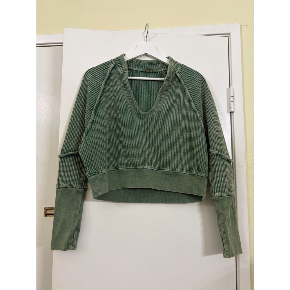 Free People FP One Sage Green Waffle Knit Crop Thermal Thumbhole Top S